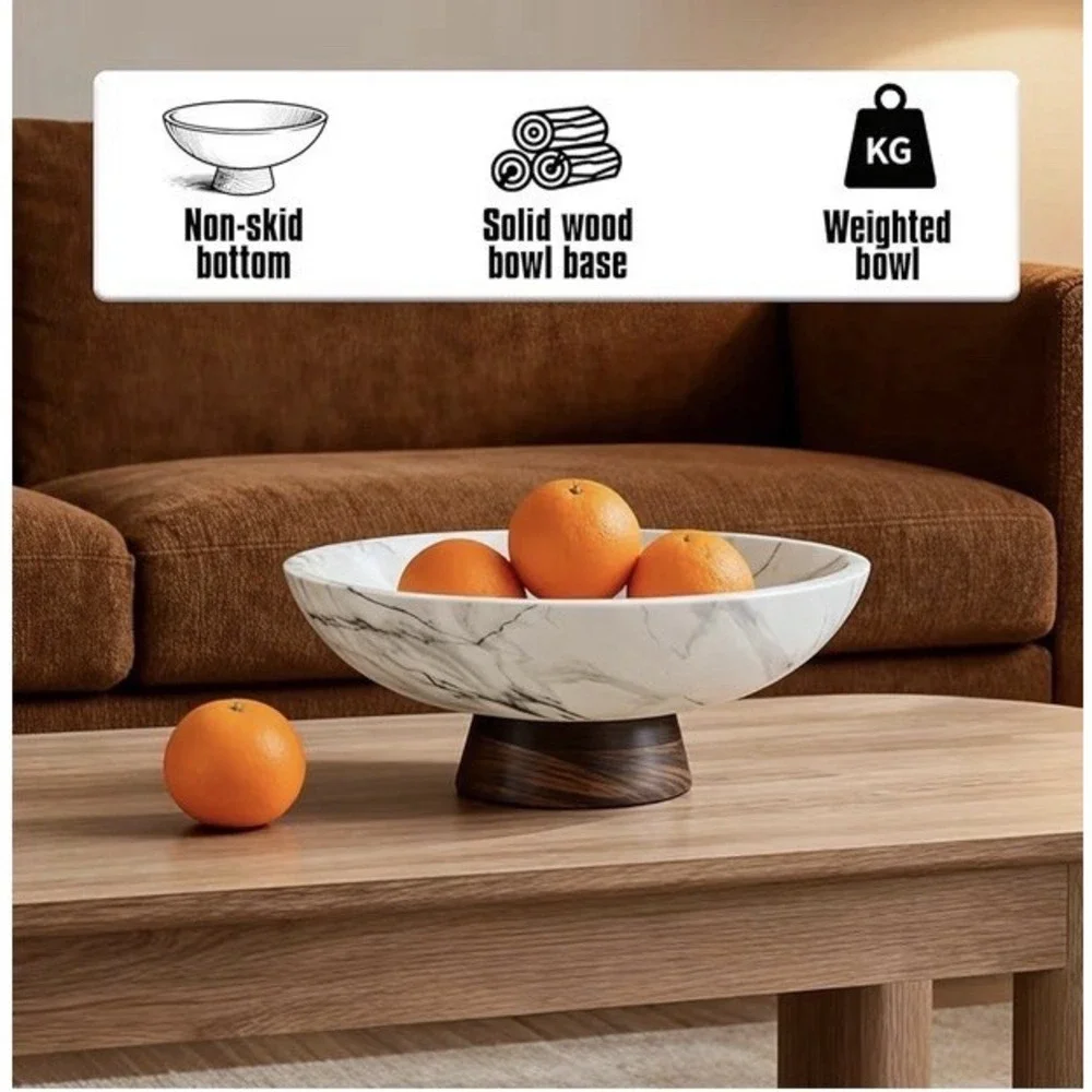 White Marble Texture Decorative Bowl with Acacia Wood Base – 11